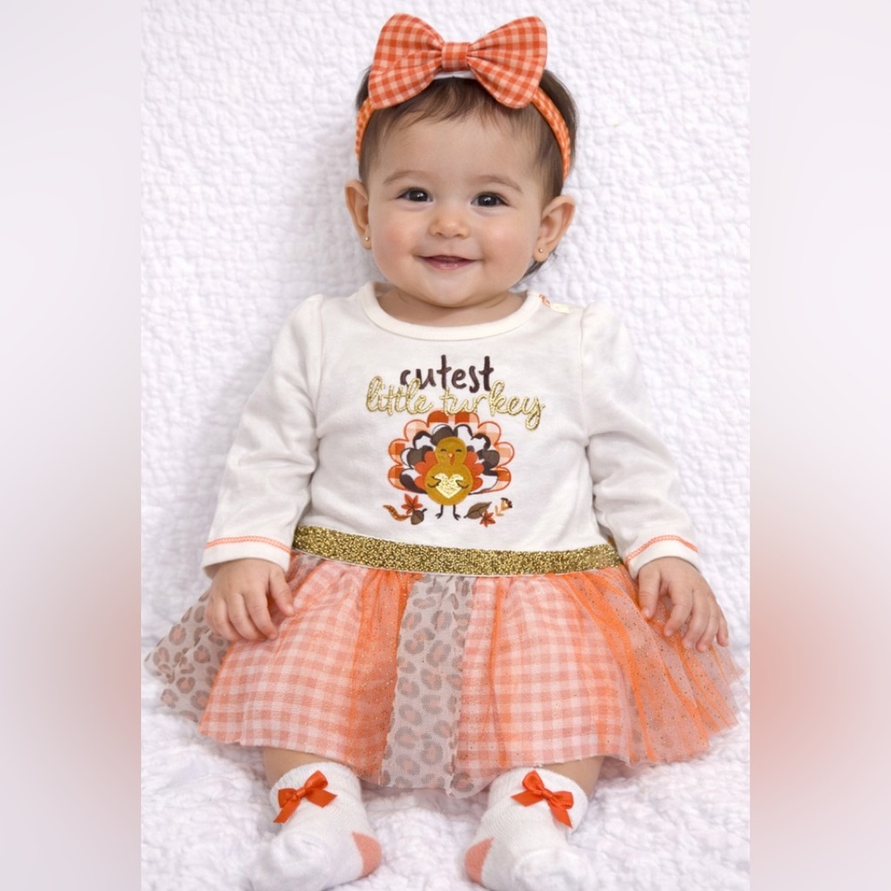 NWT!Cutest Little Turkey Dress 3 piece Set - Orange and White
